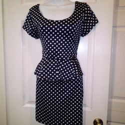 Navy Blue With White Polka Dots Above Knee Dress Size Large 