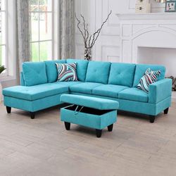 Teal colour Linen Sectional sofa set living room couch