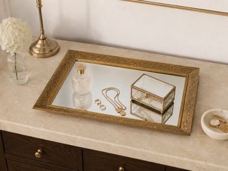 Vintage Mid Century Hollywood Regency Mirrored Vanity Tray Brass Embossed Trim Home Decor