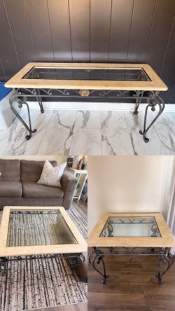 Elegant 3-Piece Marble & Wrought Iron Table Set