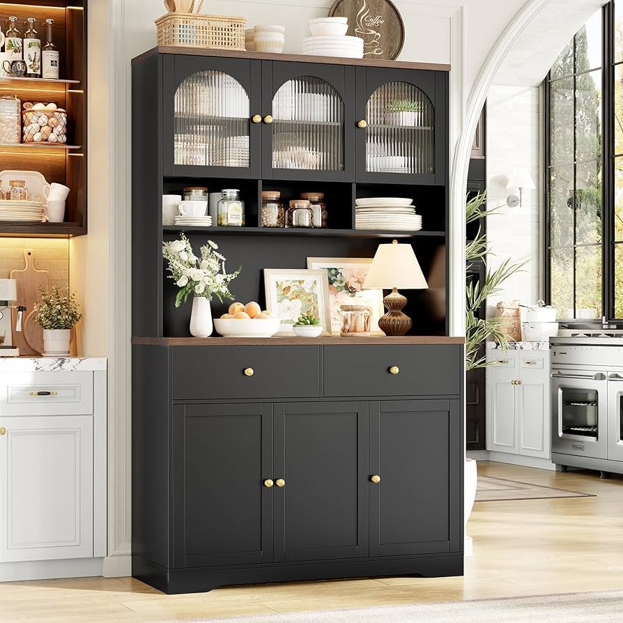 71" Pantry Cabinet, Tall Kitchen Pantry Storage Cabinet with Microwave Stand, Modern Ktichen Hutch Food Pantry with Open Countertop and Adj
