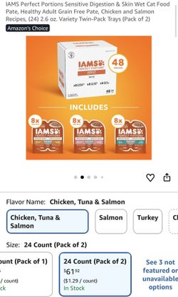 New in box cat IAMS adult variety pack cuts in gravy x8chicken x8 Salmon x8Tuna X 2=48