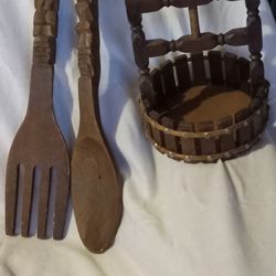 Vintage hand carved  Tiki  Wooden Spoon And Fork Wall Hangings And Vintage Wooden Nutcracker 