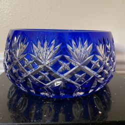 Vintage Czech Bohemian Cobalt Blue Cut to Clear Crystal Glass Bowl 4”x 7”