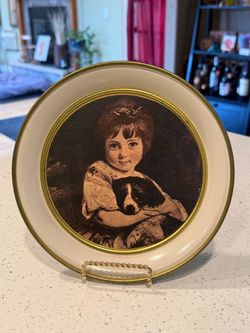 Vintage Victorian Miss Bowles & Her Dog Round Framed Print Sir Joshua Reynolds
