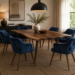 Set of 4- Brand new Modern Blue Velvet Dining Chairs – Walnut Legs Mid Century Accent Chairs