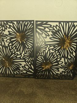 BLACK IRON & GOLD METAL FLORAL DESIGN INDOOR/OUTDOOR HANGING WALL ART