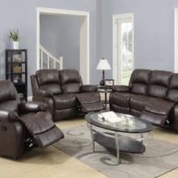 Brown Leather Fully Reclining Three piece Couch Set
