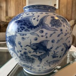 Large 12.5" Vintage Blue & White Koi Fish Porcelain Vase