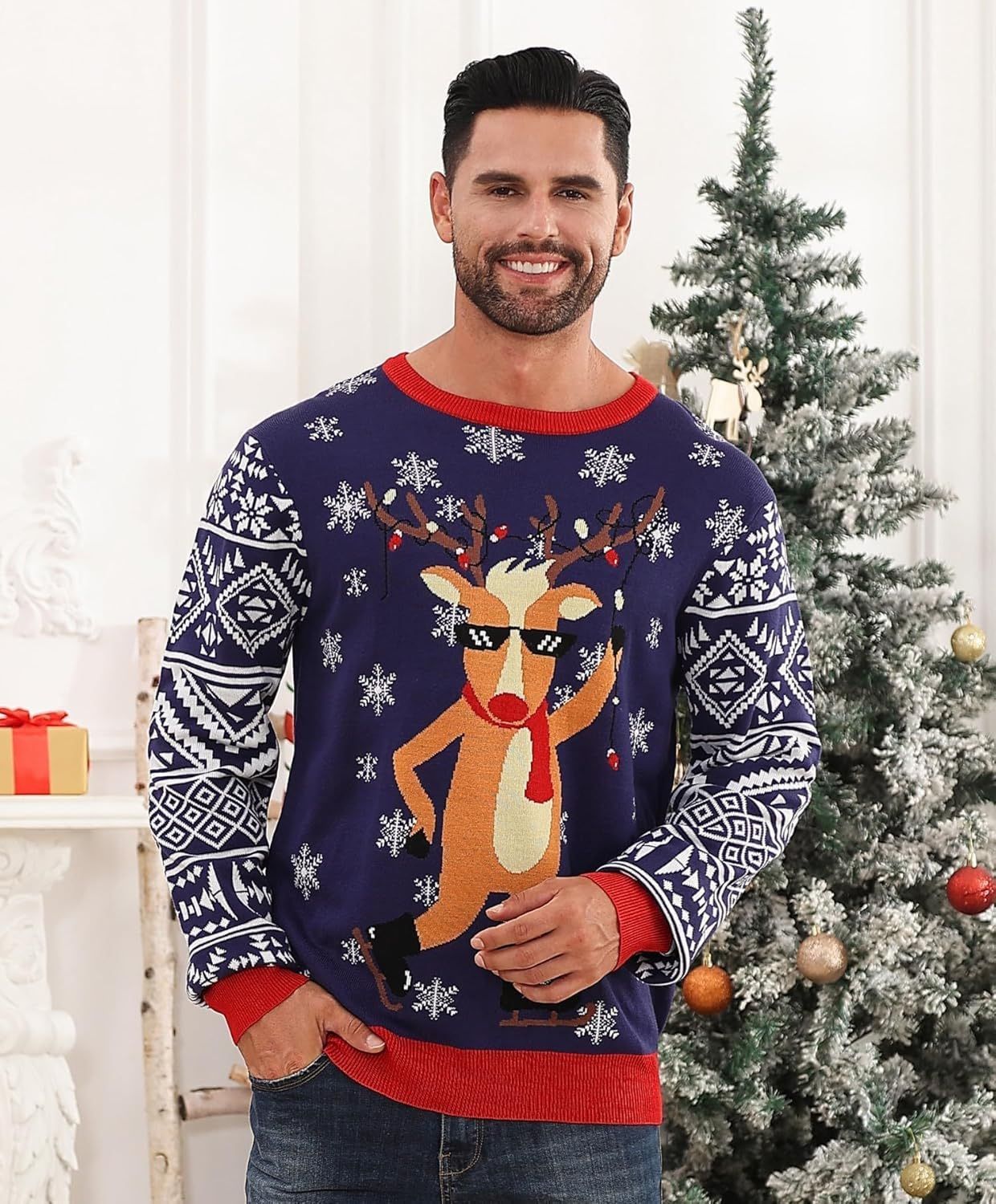 Ugly Chritsmas Sweater for Mens Funny Reindeer Snowflake Xmas Knit Sweatshirt Casual
