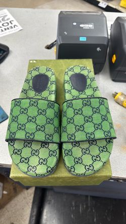 Authentic Gucci Monogram GG Canvas Slide Green Sandals Men