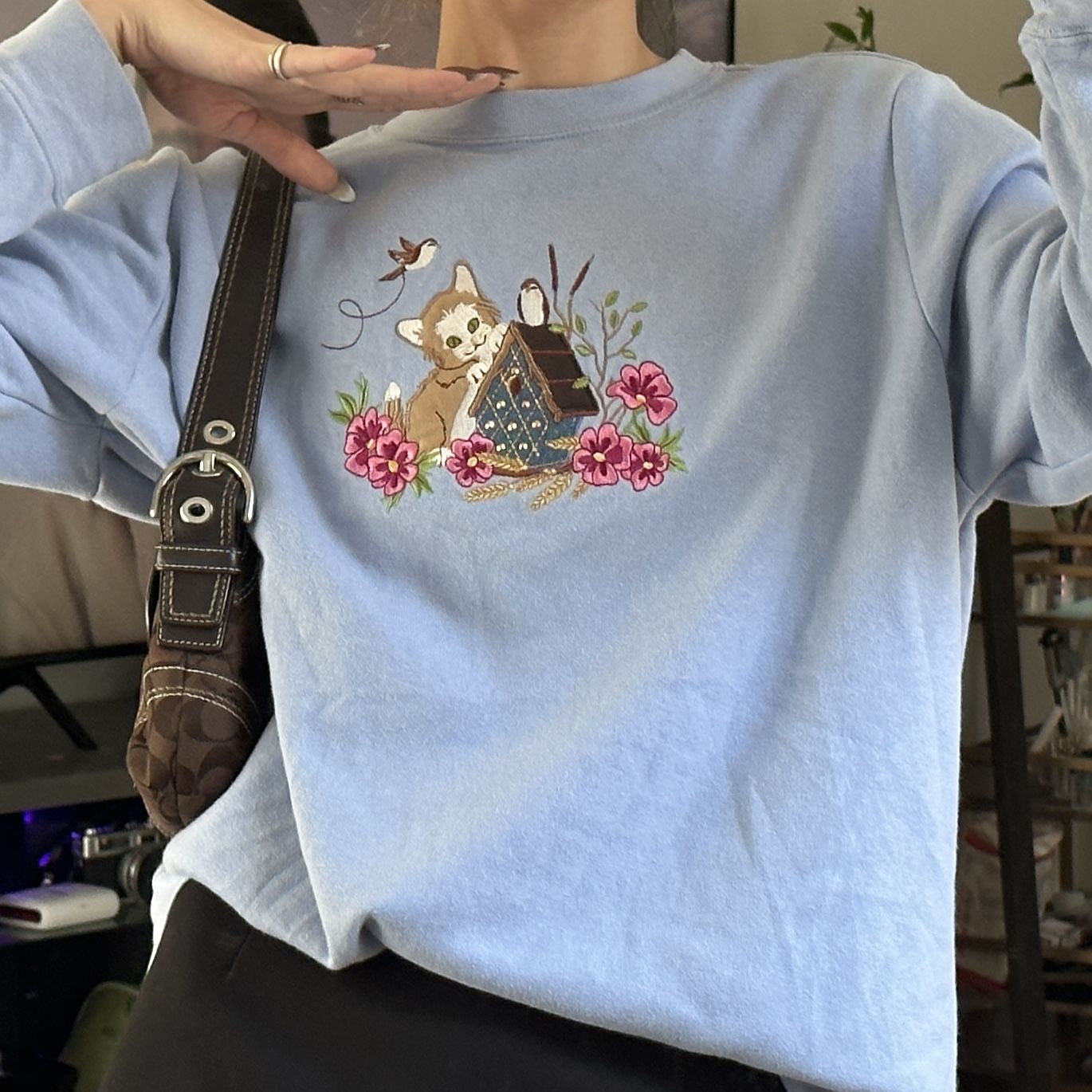 Vintage Cat Embroidery Sweatshirt