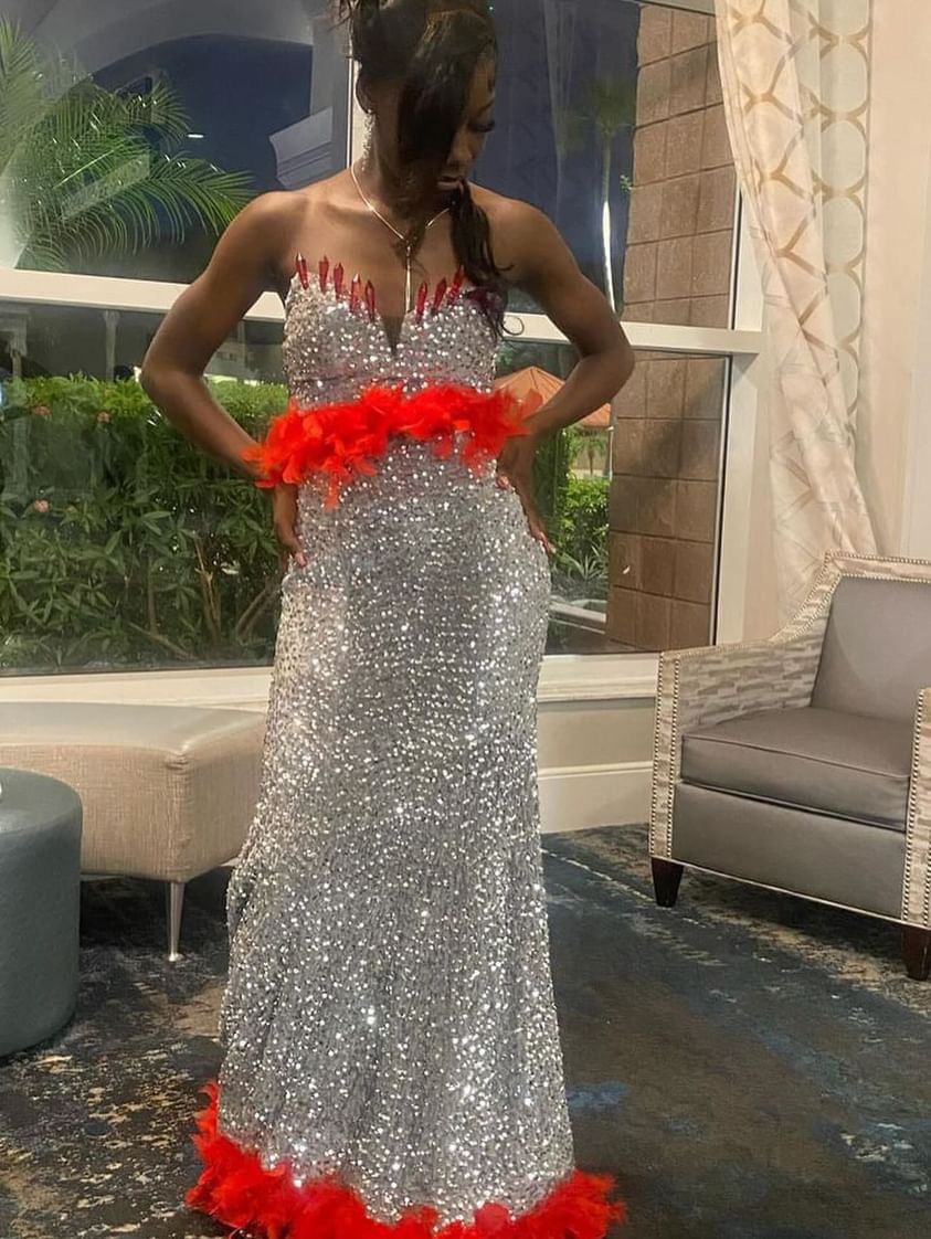 Sliver Prom Gown With Red Feathers- Size 2