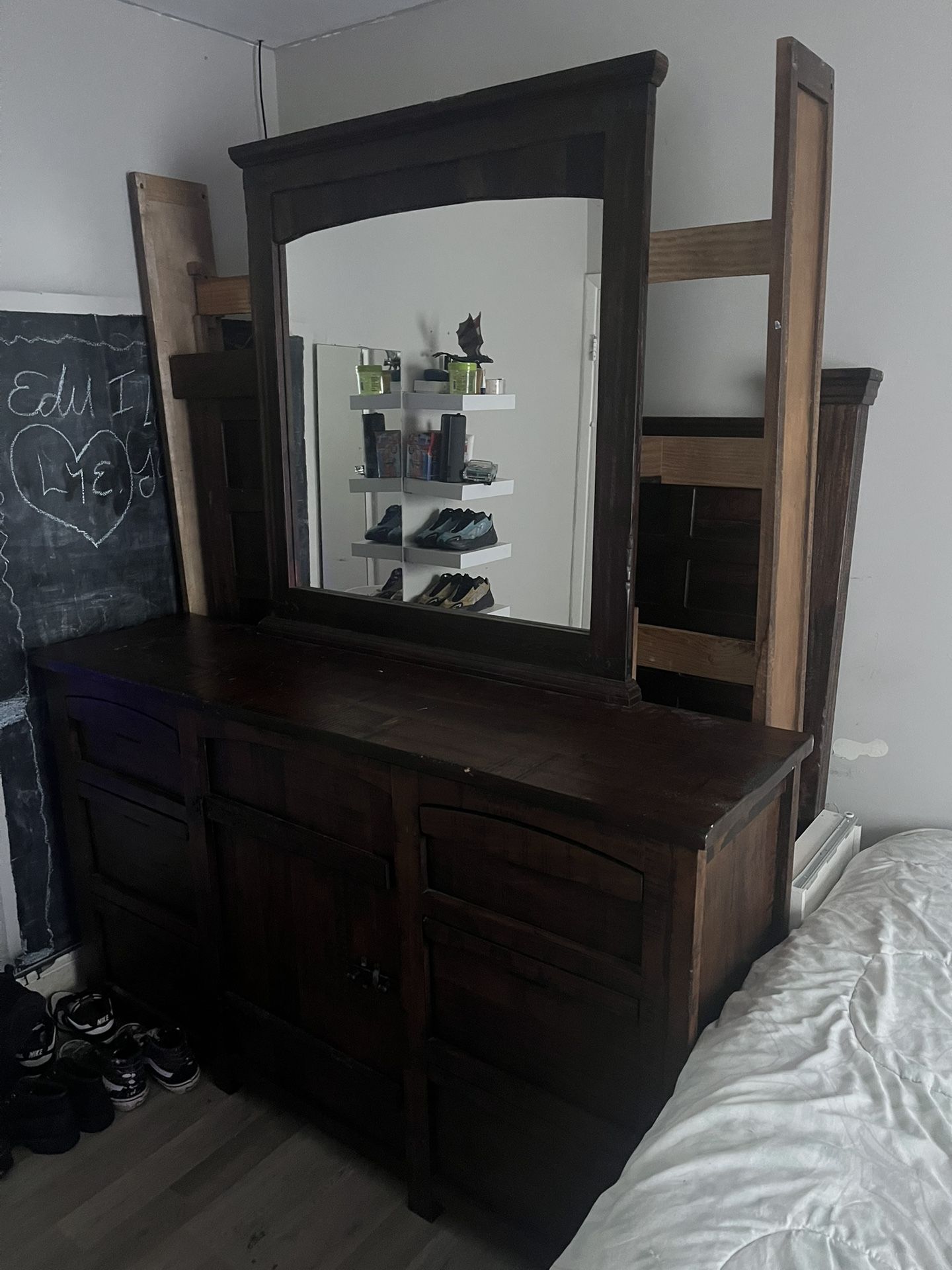 King size bedframe  with dresser that come with a mirror.