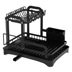 2 Tier Dish Drying Rack - 22lbs Weight Capacity, Side Front Drainage Tray, Utensil Holder, Carbon Steel, Rotatable, Bowl Cup Rack, Waterproof, Anti Ru