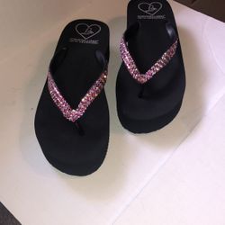 LADY LANELLS Crystallized W/Swarovski Crystals Black Platform Designer Flipflops  