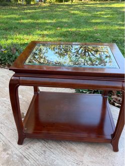 qty 1- Cherry-Finish Wood & Glass-Top End Table