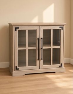 Modern Farmhouse Glass Door Cabinet / Media Console – Light Grey Wood