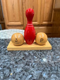 Vintage wooden Retro Red Bowling pin and two balls salt and pepper shakers by Napco Japan. Preowned never used display only. Has been on display wit