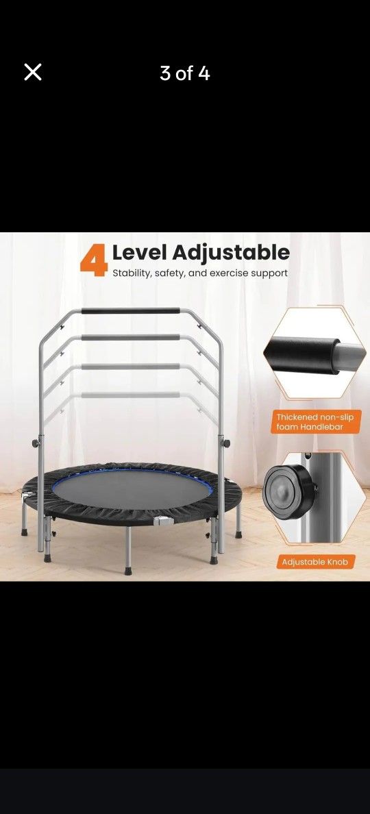 48 Inch Mini Fitness Trampoline Rebounder, Adjustable Handle, Foldable, Indoor or Outdoor