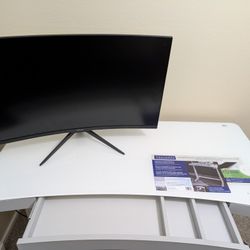 Costco White Standing desk and Samsung 32" Curved Monitor