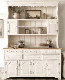 Large Unique Custom Vintage Farmhouse Hutch, Off White Ivory with Raw Wood Top