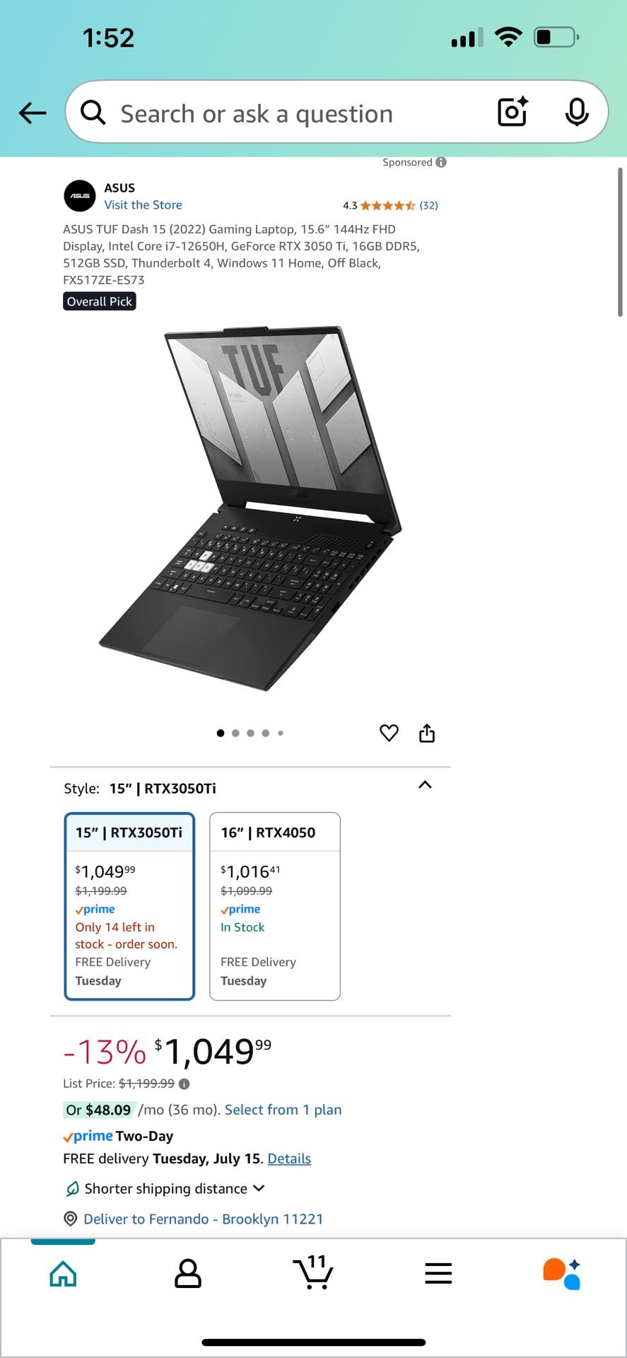 ASUS TUF Dash F15 gamer – i7, RTX 3050 Ti