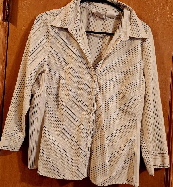 Vintage  Worthington White 1990's Stretch Size 14 Pin Stripe Blouse Shirt Button Down.Top