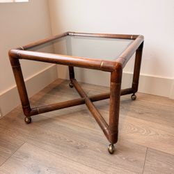 Vintage Rattan/Bamboo Brass Accent Table with Smoked Glass