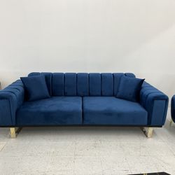 Mid-Century Modern Blue Velvet Sofa Couch with Metal Gold Legs, Three Seat Tufted Loveseat Couches, 