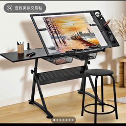 Drafting Table - 53" Crystal desktop with frame, 2 mesh drawers, with black stool