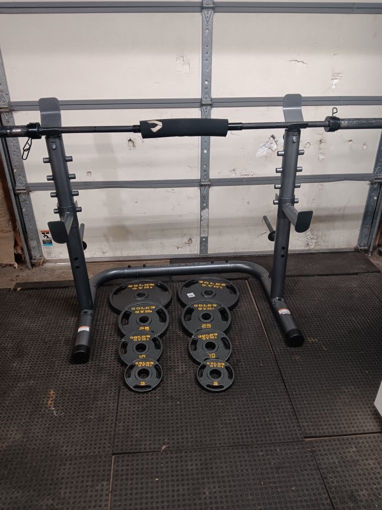 Golds Gym Rack, Bar, Weights