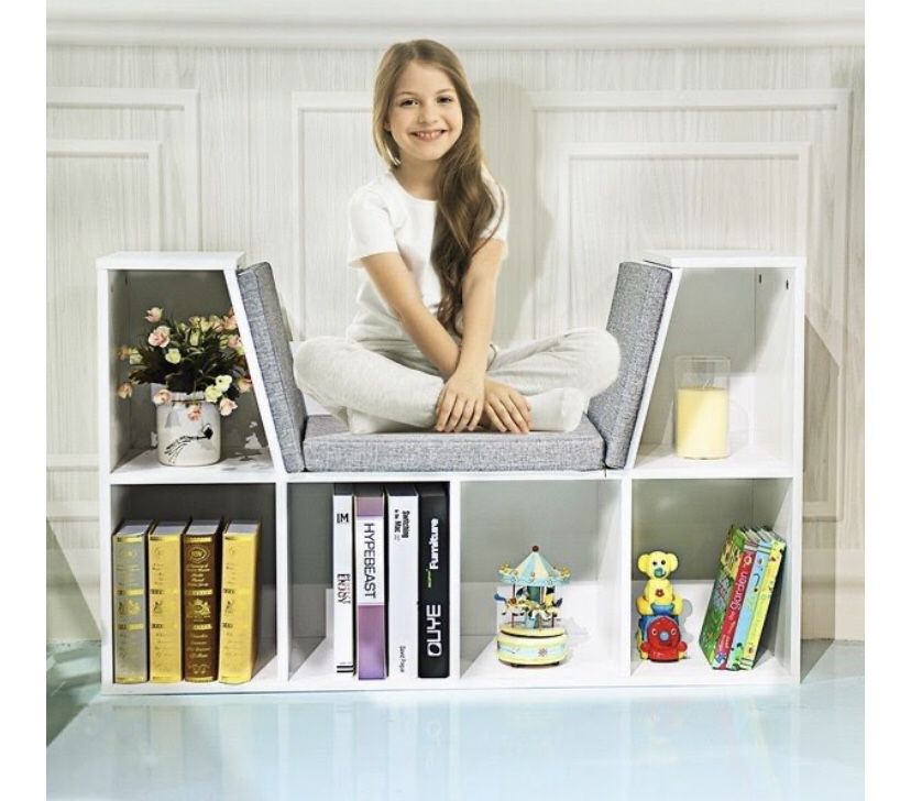 6-Cubby Kid Storage Bookcase Cushioned Reading Nook -