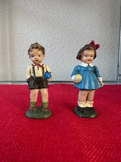 Vintage Marolin Germany Papier Mache Children Figurines Pair Boy and Girl 3.75"