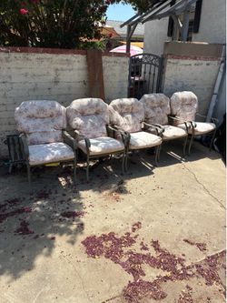 Five outdoor patio metal chairs