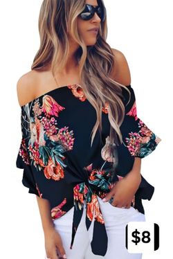 Blue Off Shoulder Floral Chiffon Blouse