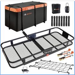 MeeFar Hitch Mount Cargo Carrier Basket 60"*25"*6"+Waterproof Bag 25 Cubic Feet(60"*24"*31"),and Cargo Net with Attachment Hooks,Ratchet Straps,Hitch 