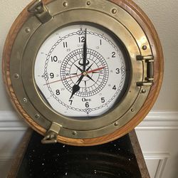 Vintage Orvis Brass & Wood Quartz Nautical Clock 13.75”