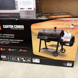 Oklahoma Joe’s Canyon Combo Dual Fuel 3-Burner Gas and Charcoal Smoker Grill with Cover, Hawg Lifter, XL Starter and Cleaver Knife