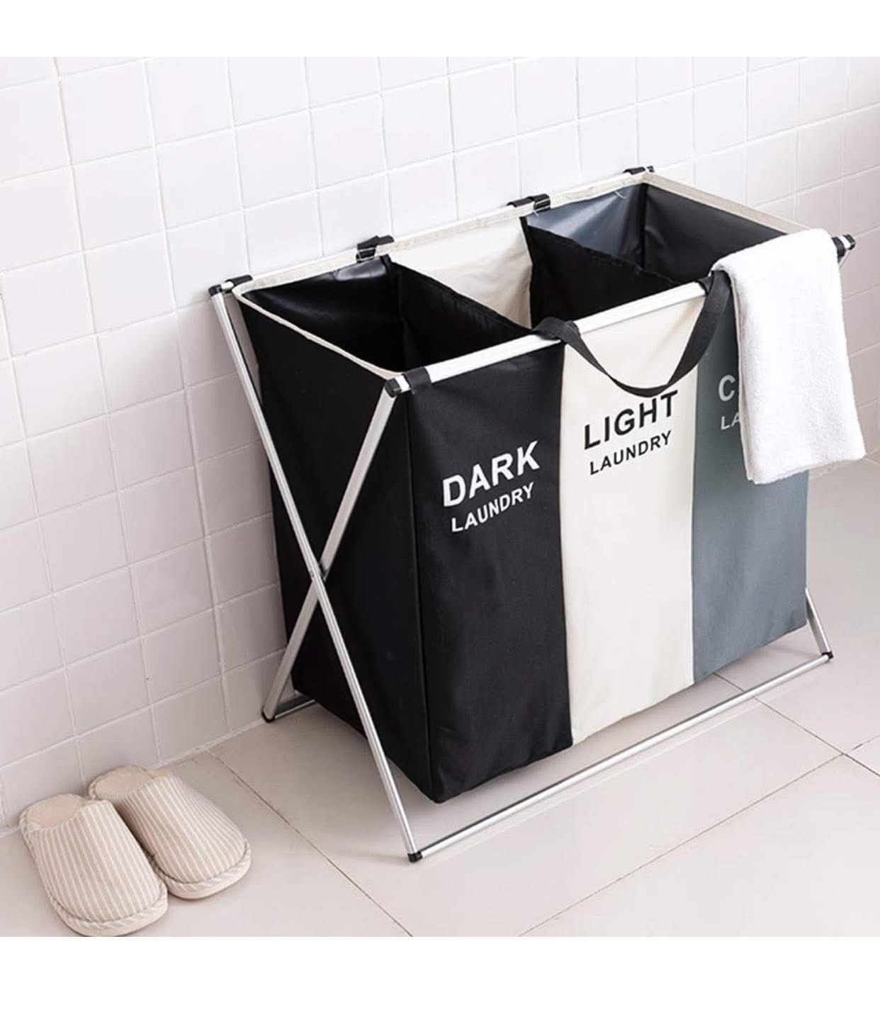 3 Section Laundry Basket Printed Dark Light Color, Foldable Hamper/Sorter with Waterproof Oxford Bag