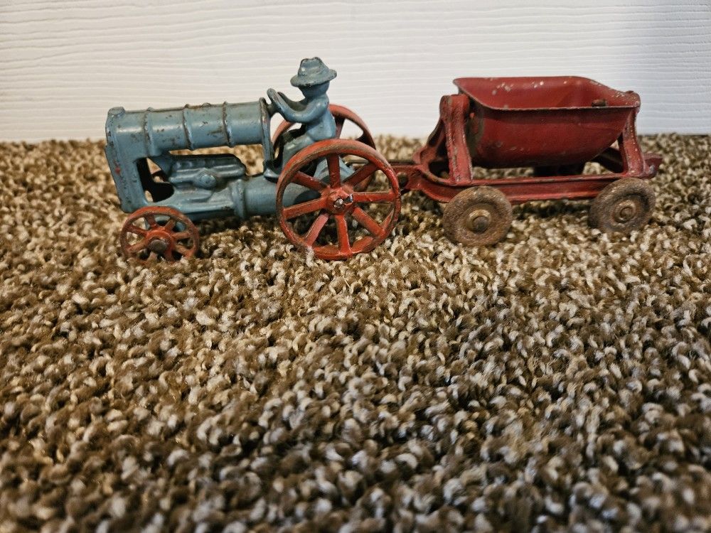 Antique Cast Iron Toy Tractor And Trailer