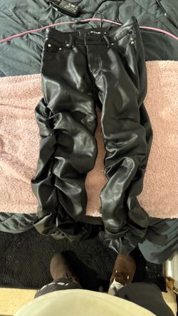 guapi, black leather stacked jeans