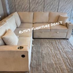 Beautiful! 2pc Sectional Sofa W/ Pullout Bed & Storage Ivory Corduroy