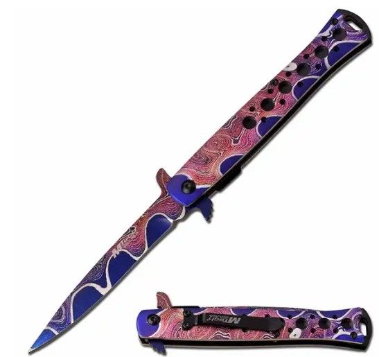 New Timascus Purple Rainbow Stiletto Spring Assisted Knife