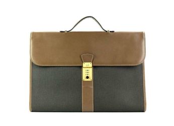 EXC DUNHILL Gray & Brown Leather & PVC Binder Briefcase Bag