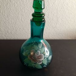 EXQUISITE Handpainted 6" Teal Glass Cruet Made in Italy.
