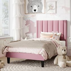 Twin Size Bed Frame, Upholstered Bed Frame with Velvet Vertical Channel Tufted H