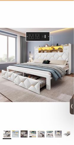 Queen white bed frame with storage