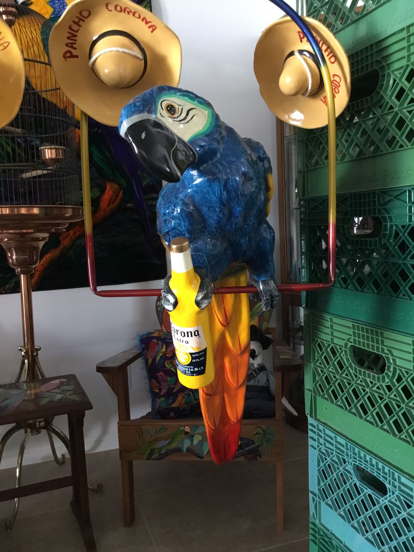 Rare Poncho Corona Parrot On Perch 