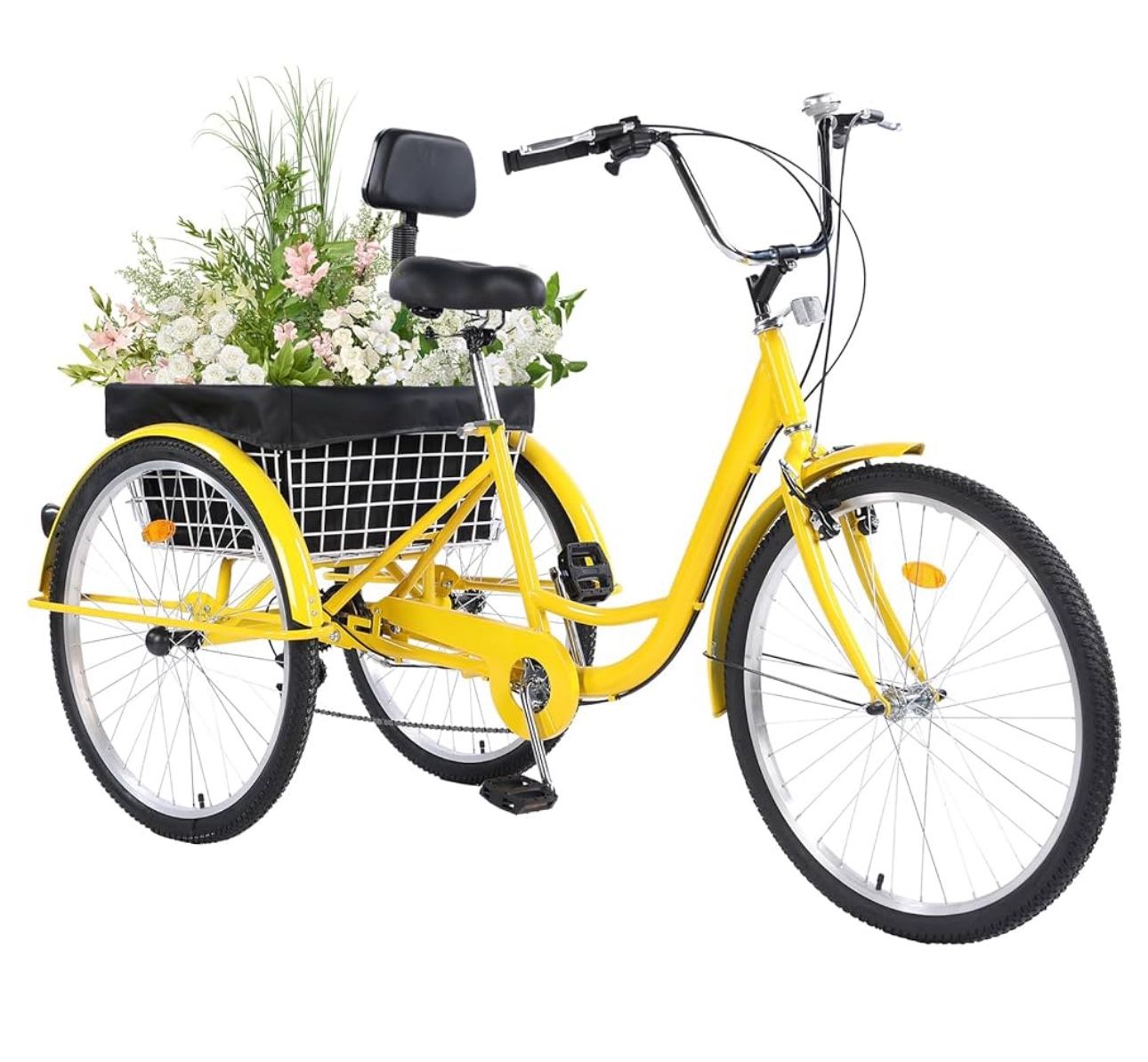 Adult Tricycle 26 inch 7 Speed, Three Wheel Bicycle for Adult, Trike Cruiser W/Tools & Big Basket for Exercise Shopping Picnic Outdoor Activities Yell